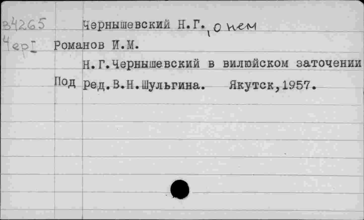 ﻿		]	Чернышевский Н. Г. лигм
<2 р 2	1 Романов И.М.	
		Н. Г. Чернышевский в вилюйском заточении
	Под	Ред.В.Н.Шульгина.	Якутск,1957.